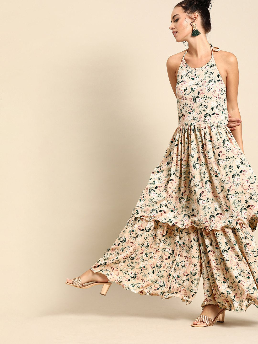 Women Beige Sleeveless Flared Gathered Kurta With Wired Peeko Sharara | LASVINI - Redefining Indian Fashion with Elegance