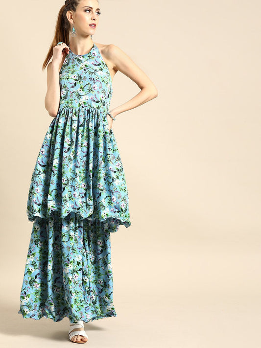 Women Turquoise Blue Sleeveless Flared Gathered Kurta With Wired Peeko Sharara | LASVINI - Redefining Indian Fashion with Elegance