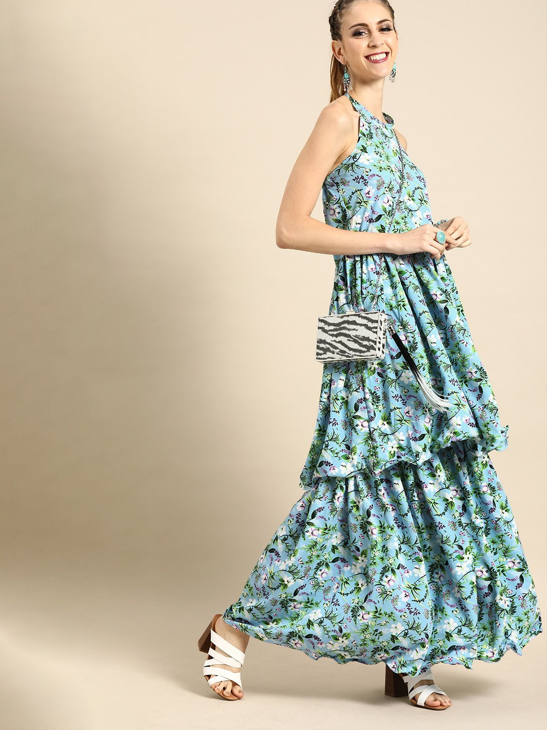 Women Turquoise Blue Sleeveless Flared Gathered Kurta With Wired Peeko Sharara | LASVINI - Redefining Indian Fashion with Elegance