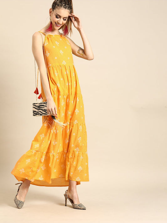 Women Yellow Floral Printed Shoulder Straps Fit And Flare Dress | LASVINI - Redefining Indian Fashion with Elegance