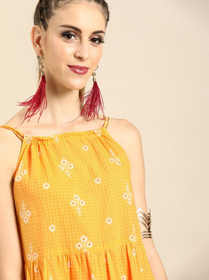 Women Yellow Floral Printed Shoulder Straps Fit And Flare Dress | LASVINI - Redefining Indian Fashion with Elegance