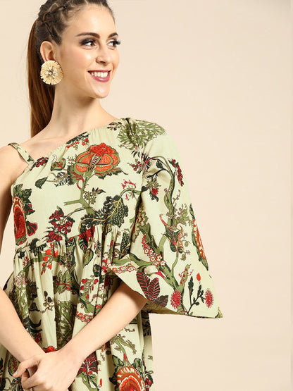 Women Beige Floral Printed One Shoulder Fit And Flare Dress | LASVINI - Redefining Indian Fashion with Elegance