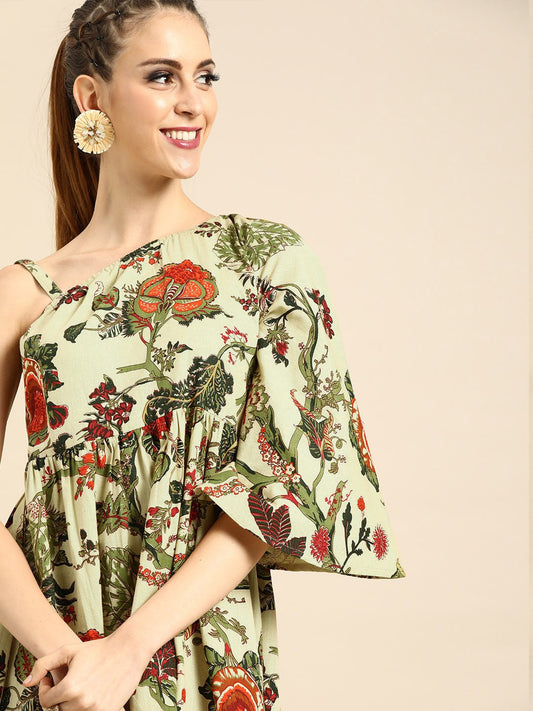 Women Beige Floral Printed One Shoulder Fit And Flare Dress | LASVINI - Redefining Indian Fashion with Elegance