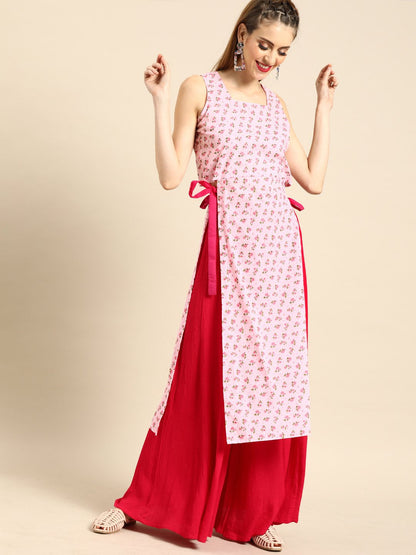 Women Pink Calf Length Sleeveless Straight Floral Printed Cotton Kurta | LASVINI - Redefining Indian Fashion with Elegance