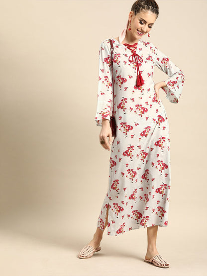 Women Powder Blue Floral Printed V-Neck A-Line Dress | LASVINI - Redefining Indian Fashion with Elegance