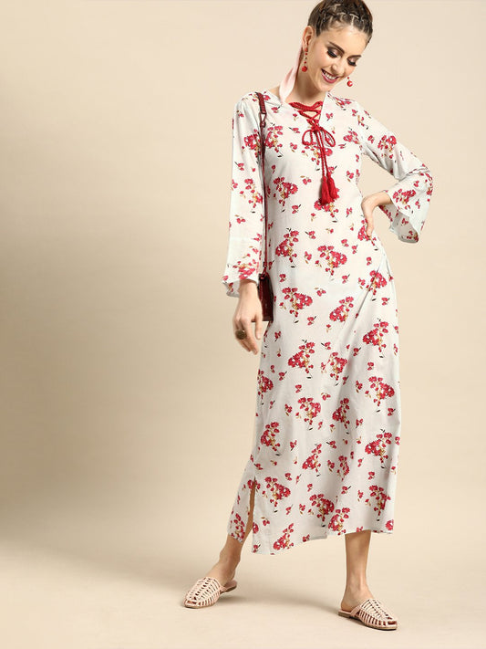 Women Powder Blue Floral Printed V-Neck A-Line Dress | LASVINI - Redefining Indian Fashion with Elegance