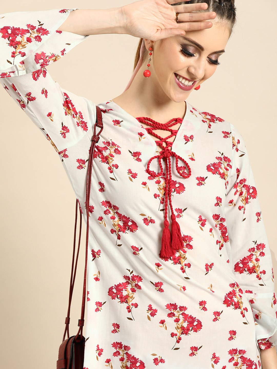 Women Powder Blue Floral Printed V-Neck A-Line Dress | LASVINI - Redefining Indian Fashion with Elegance