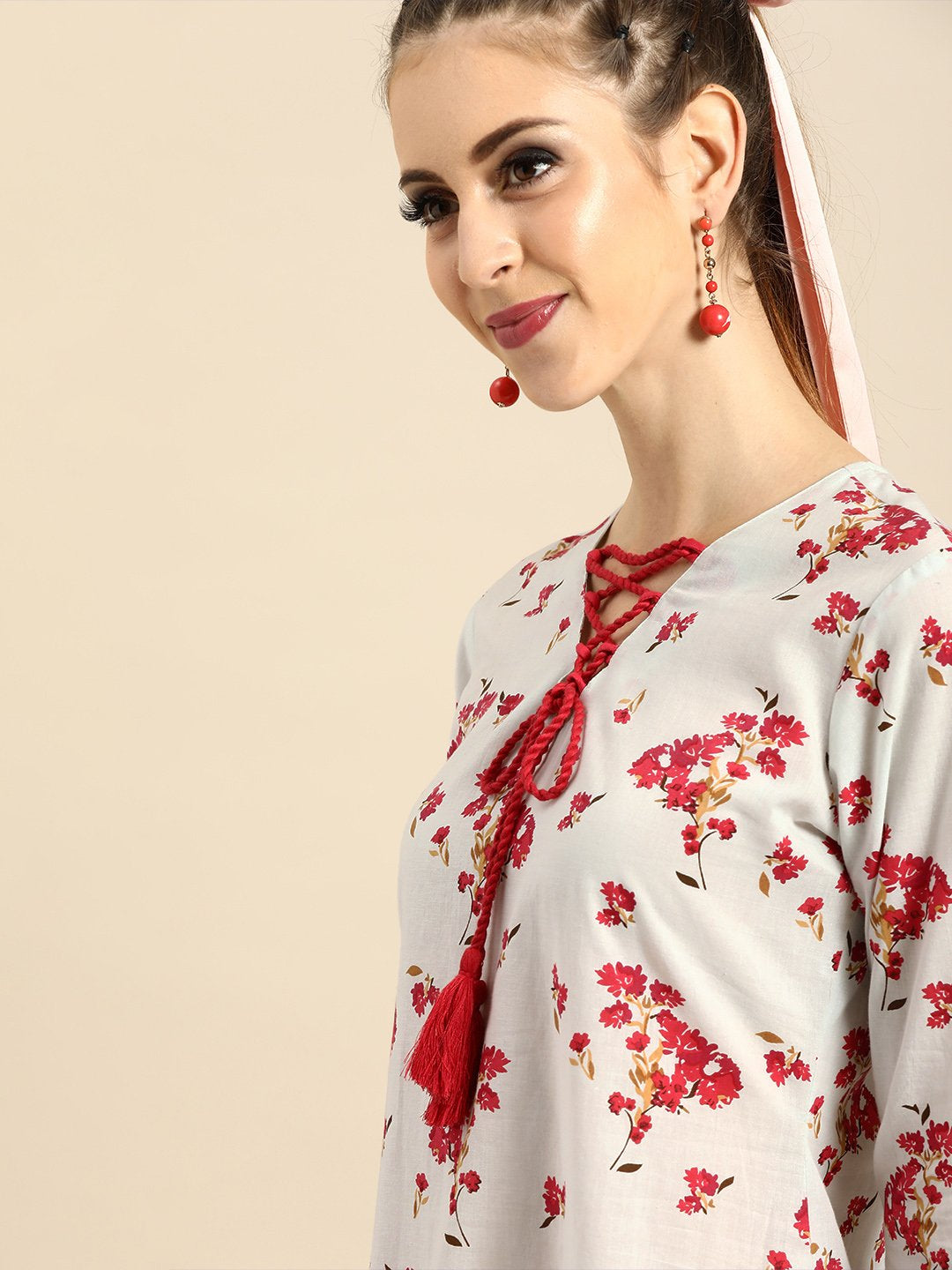 Women Powder Blue Floral Printed V-Neck A-Line Dress | LASVINI - Redefining Indian Fashion with Elegance