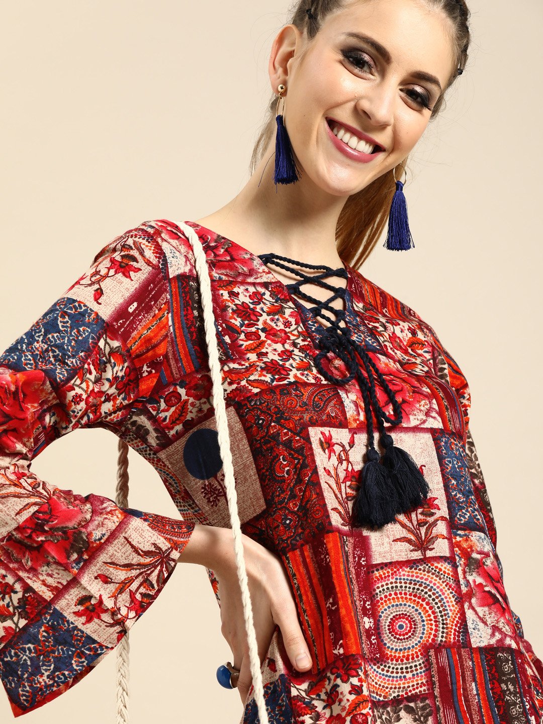 Women Multi Floral Printed V-Neck A-Line Dress | LASVINI - Redefining Indian Fashion with Elegance