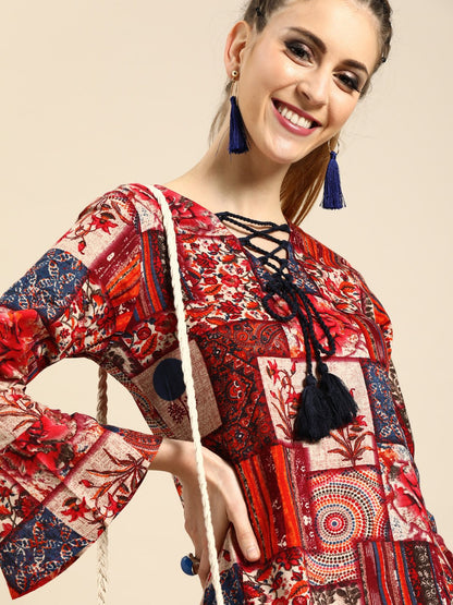 Women Multi Floral Printed V-Neck A-Line Dress | LASVINI - Redefining Indian Fashion with Elegance