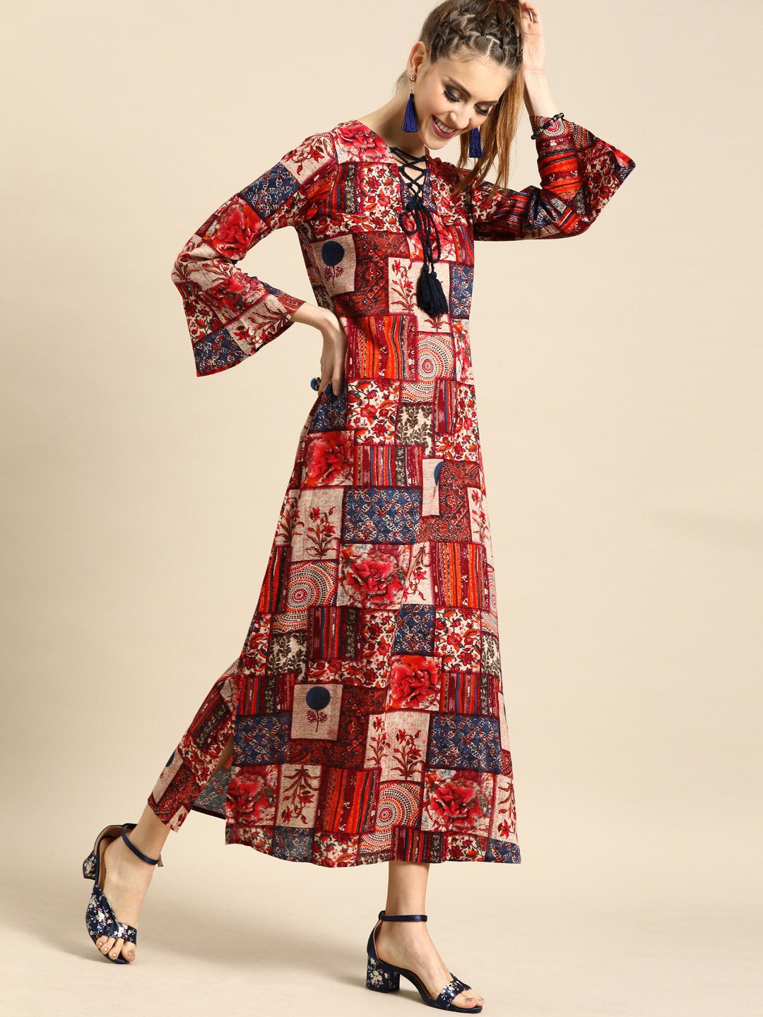 Women Multi Floral Printed V-Neck A-Line Dress | LASVINI - Redefining Indian Fashion with Elegance