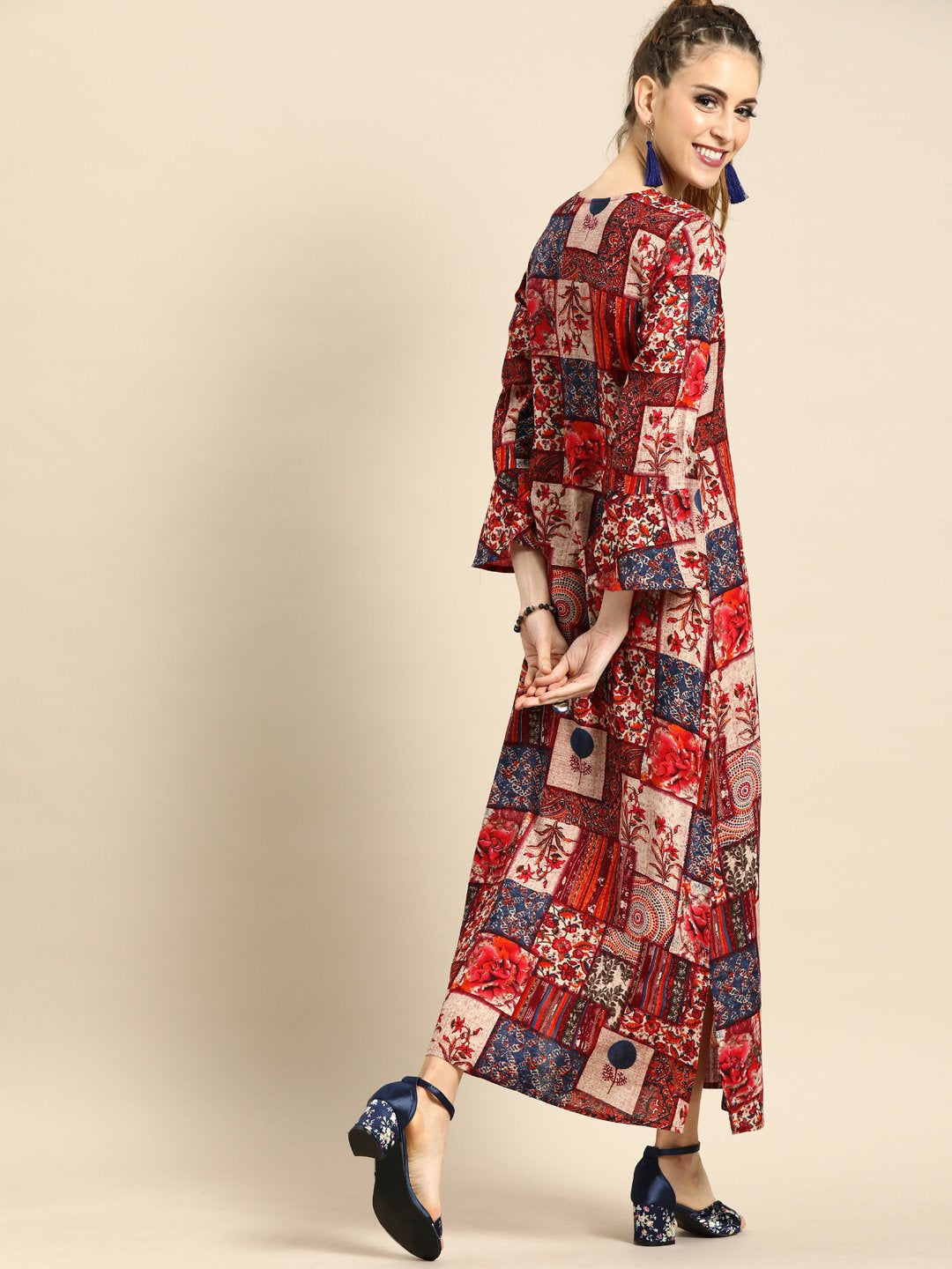 Women Multi Floral Printed V-Neck A-Line Dress | LASVINI - Redefining Indian Fashion with Elegance