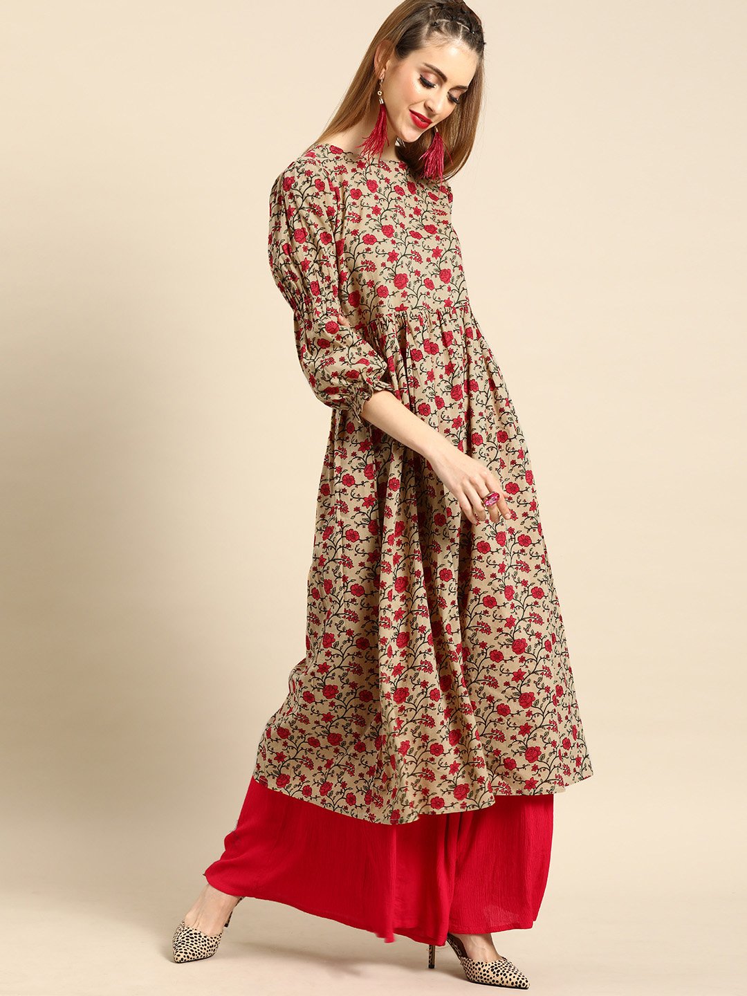 Women Beige Calf Length Three-Quarter Sleeves A-Line Floral Printed Cotton Kurta | LASVINI - Redefining Indian Fashion with Elegance