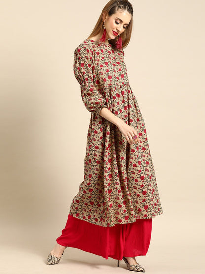 Women Beige Calf Length Three-Quarter Sleeves A-Line Floral Printed Cotton Kurta | LASVINI - Redefining Indian Fashion with Elegance