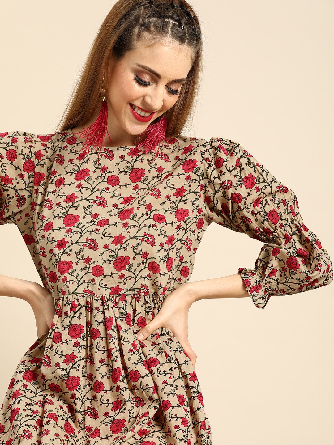 Women Beige Calf Length Three-Quarter Sleeves A-Line Floral Printed Cotton Kurta | LASVINI - Redefining Indian Fashion with Elegance