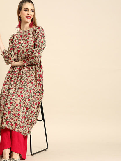Women Beige Calf Length Three-Quarter Sleeves A-Line Floral Printed Cotton Kurta | LASVINI - Redefining Indian Fashion with Elegance