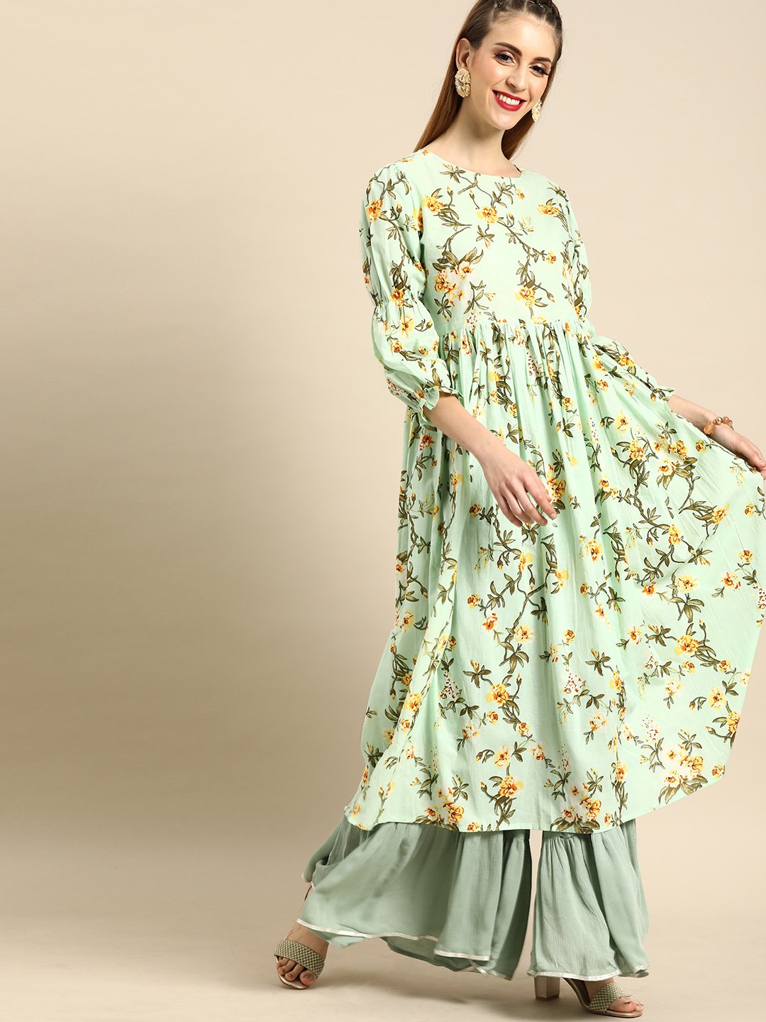 Women Mint Green Calf Length Three-Quarter Sleeves A-Line Floral Printed Cotton Kurta | LASVINI - Redefining Indian Fashion with Elegance