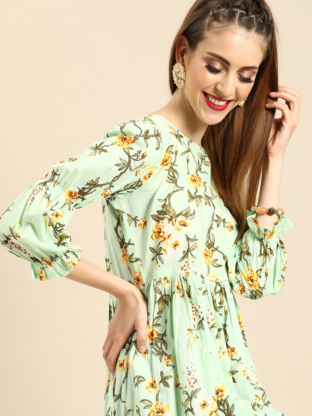 Women Mint Green Calf Length Three-Quarter Sleeves A-Line Floral Printed Cotton Kurta | LASVINI - Redefining Indian Fashion with Elegance