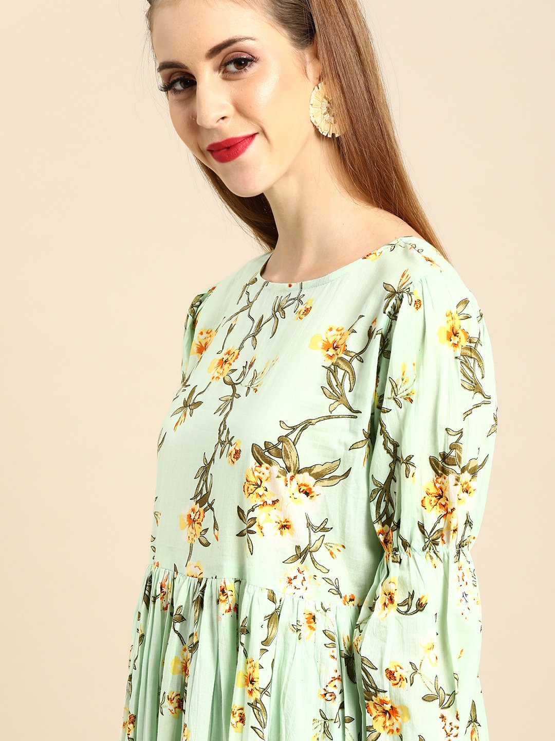 Women Mint Green Calf Length Three-Quarter Sleeves A-Line Floral Printed Cotton Kurta | LASVINI - Redefining Indian Fashion with Elegance