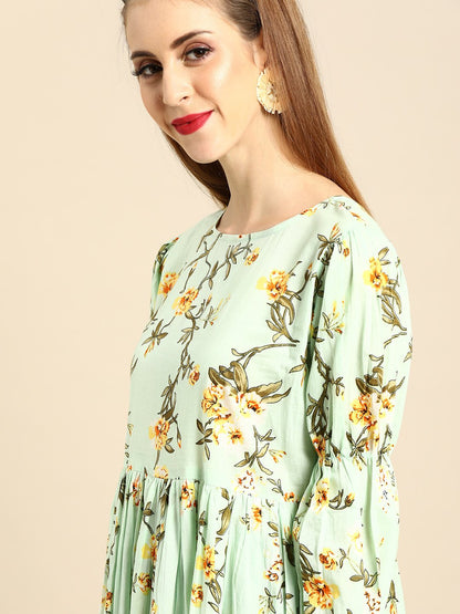 Women Mint Green Calf Length Three-Quarter Sleeves A-Line Floral Printed Cotton Kurta | LASVINI - Redefining Indian Fashion with Elegance