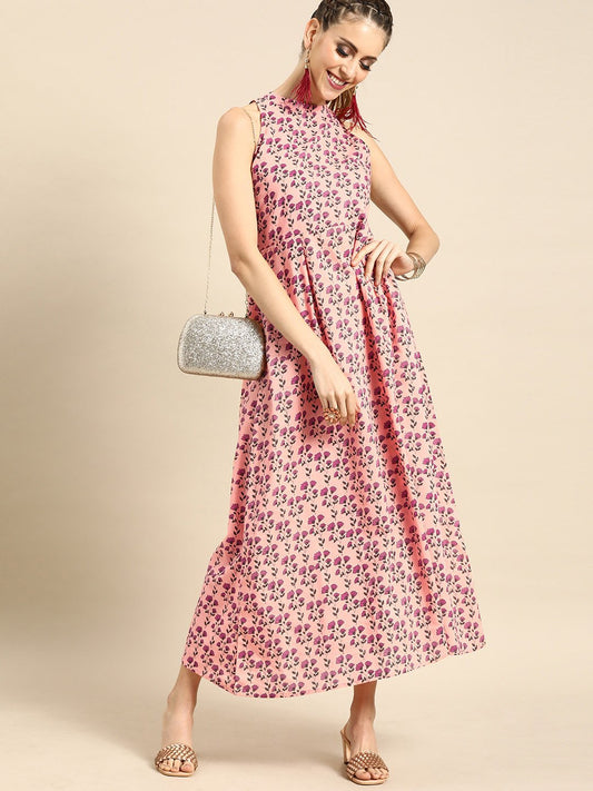 Women Pink Floral Printed Halter Neck A-Line Dress | LASVINI - Redefining Indian Fashion with Elegance
