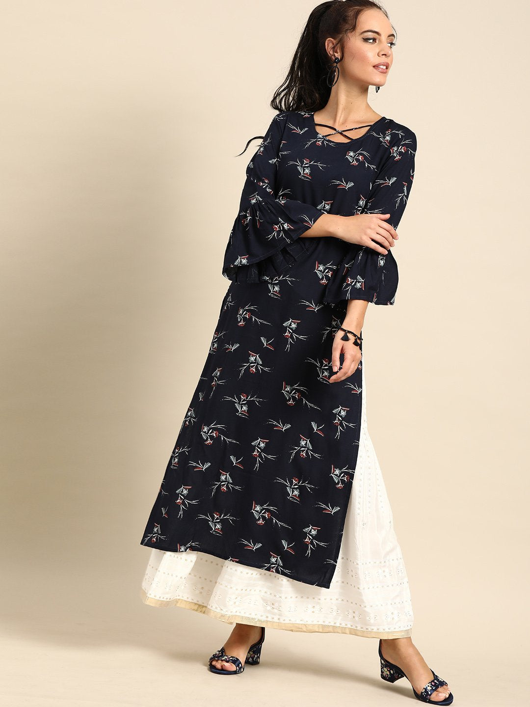 Women Navy Blue Calf Length Three-Quarter Sleeves Straight Floral Printed Cotton Kurta | LASVINI - Redefining Indian Fashion with Elegance