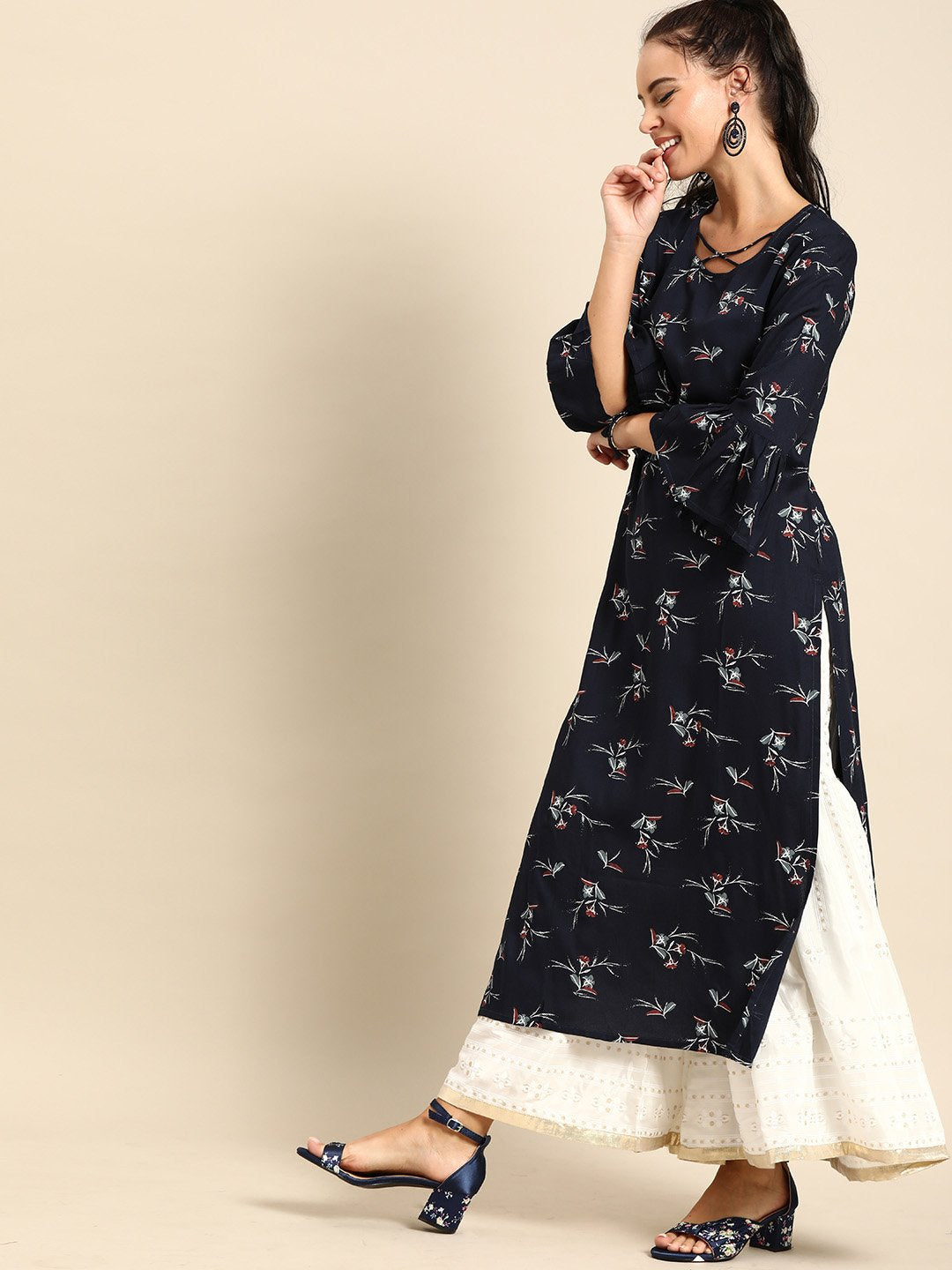 Women Navy Blue Calf Length Three-Quarter Sleeves Straight Floral Printed Cotton Kurta | LASVINI - Redefining Indian Fashion with Elegance