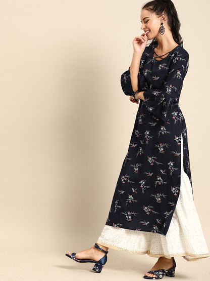 Women Navy Blue Calf Length Three-Quarter Sleeves Straight Floral Printed Cotton Kurta | LASVINI - Redefining Indian Fashion with Elegance