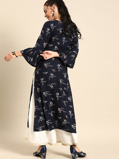 Women Navy Blue Calf Length Three-Quarter Sleeves Straight Floral Printed Cotton Kurta | LASVINI - Redefining Indian Fashion with Elegance