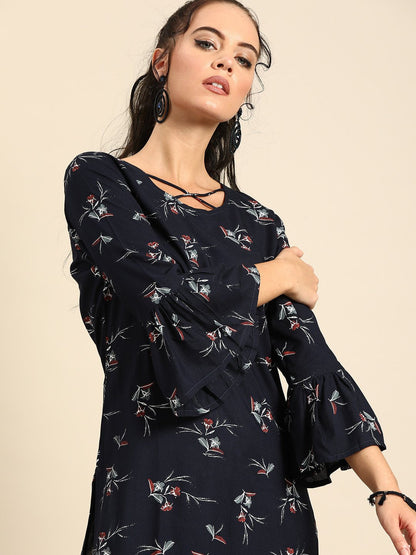 Women Navy Blue Calf Length Three-Quarter Sleeves Straight Floral Printed Cotton Kurta | LASVINI - Redefining Indian Fashion with Elegance