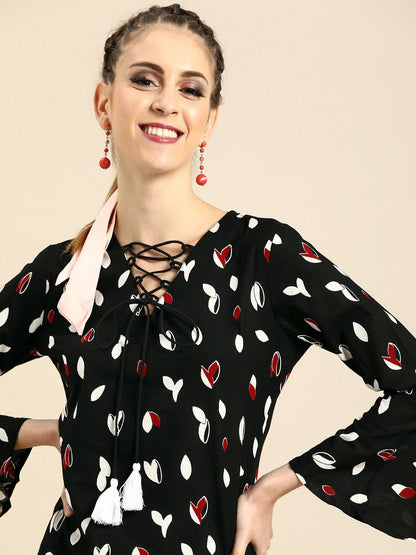 Women Black & White Printed A-Line Dress | LASVINI - Redefining Indian Fashion with Elegance