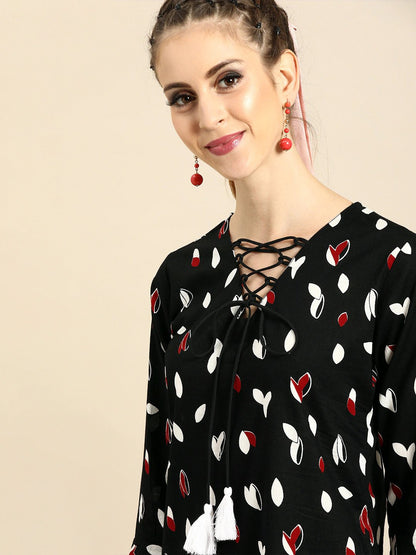 Women Black & White Printed A-Line Dress | LASVINI - Redefining Indian Fashion with Elegance