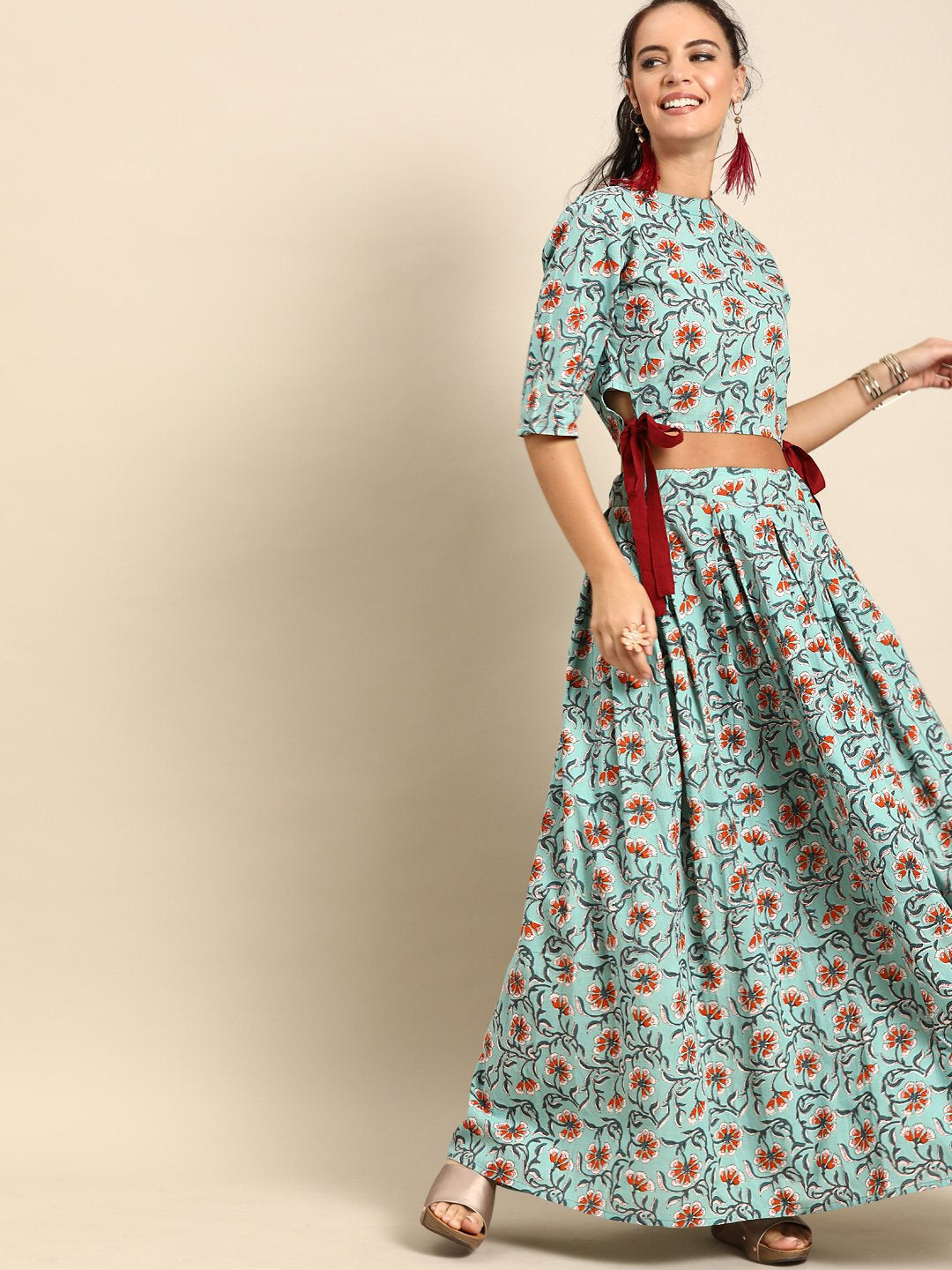 Women Sage Green Pure Cotton Round Neck Crop Top With Skirt | LASVINI - Redefining Indian Fashion with Elegance