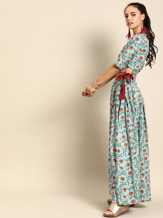 Women Sage Green Pure Cotton Round Neck Crop Top With Skirt | LASVINI - Redefining Indian Fashion with Elegance