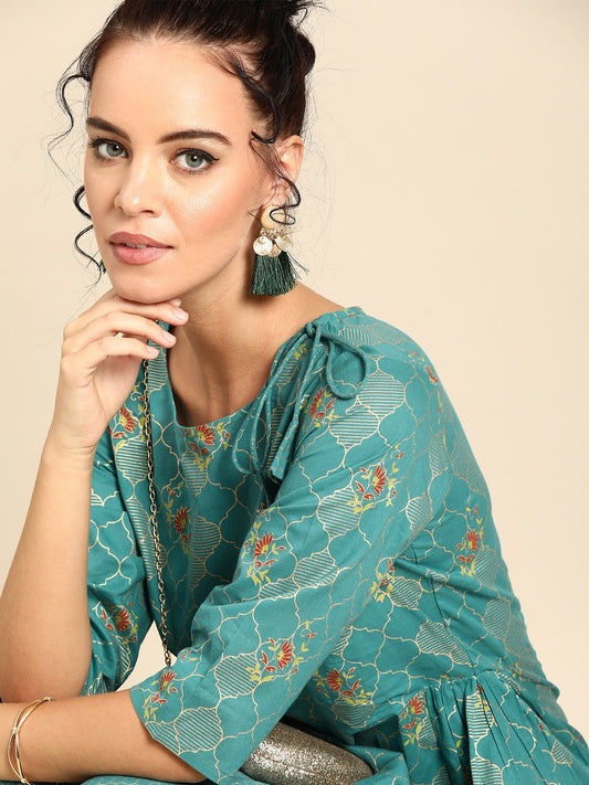 Women Firozi Three-Quarter Sleeves Asymmetric Peplum Kurta With Dhoti Pants | LASVINI - Redefining Indian Fashion with Elegance