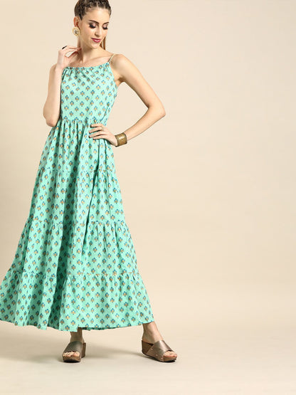 Women Ice Blue Floral Printed Halter Neck Fit And Flare Dress | LASVINI - Redefining Indian Fashion with Elegance