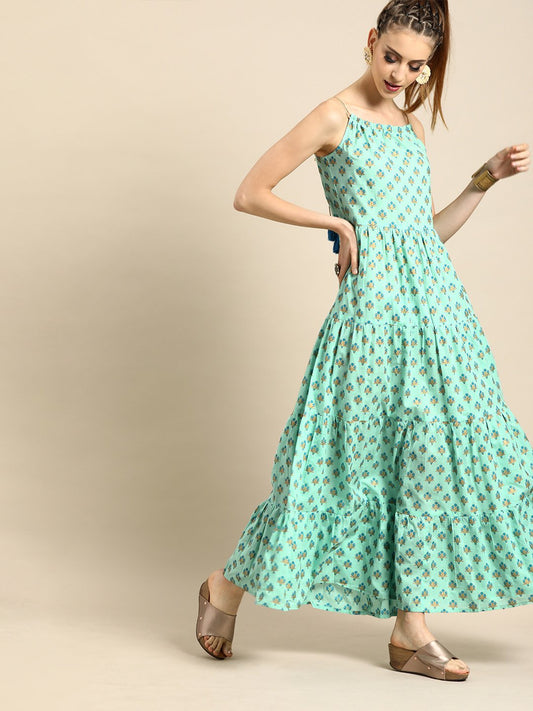 Women Ice Blue Floral Printed Halter Neck Fit And Flare Dress | LASVINI - Redefining Indian Fashion with Elegance