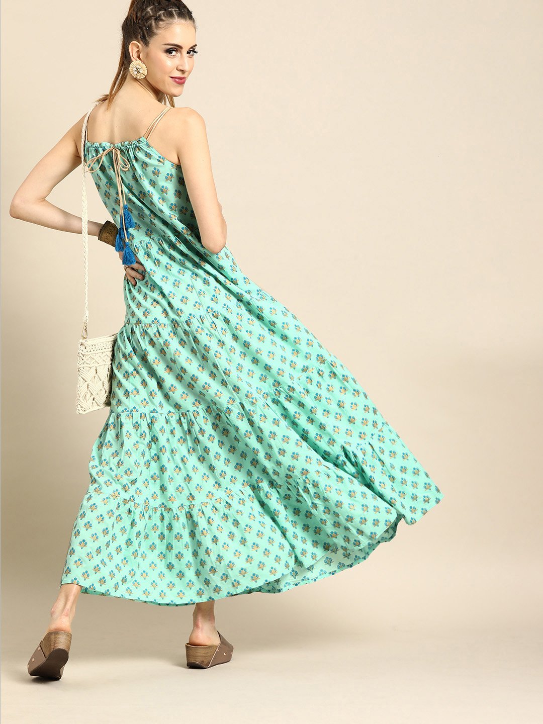 Women Ice Blue Floral Printed Halter Neck Fit And Flare Dress | LASVINI - Redefining Indian Fashion with Elegance