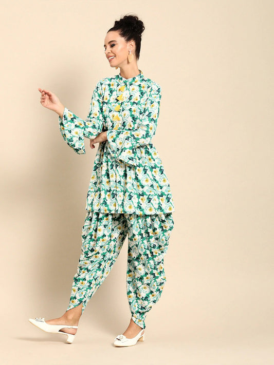 Women Green & White Printed Kurta With Dhoti Pants | LASVINI - Redefining Indian Fashion with Elegance