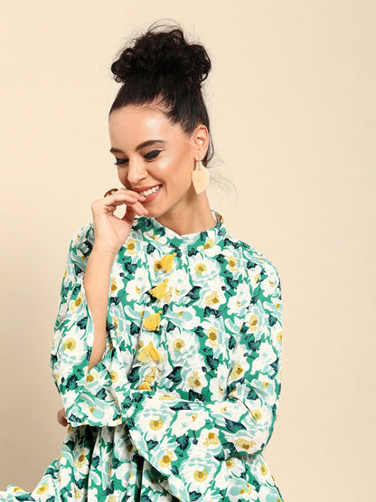 Women Green & White Printed Kurta With Dhoti Pants | LASVINI - Redefining Indian Fashion with Elegance