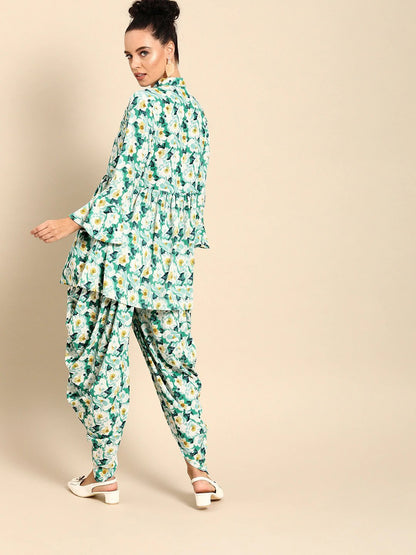 Women Green & White Printed Kurta With Dhoti Pants | LASVINI - Redefining Indian Fashion with Elegance