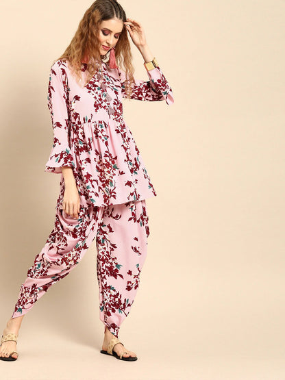 Women Pink & Maroon Printed Kurta With Dhoti Pants | LASVINI - Redefining Indian Fashion with Elegance