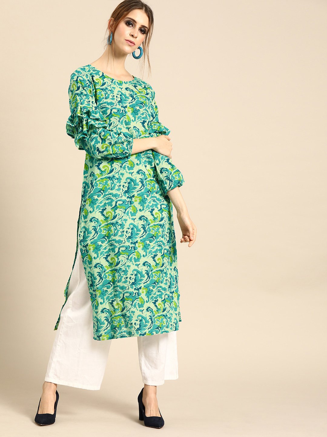 Women Green Calf Length Long Sleeves Straight Floral Printed Cotton Kurta | LASVINI - Redefining Indian Fashion with Elegance