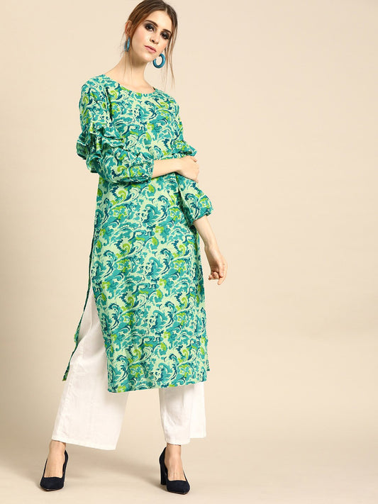 Women Green Calf Length Long Sleeves Straight Floral Printed Cotton Kurta | LASVINI - Redefining Indian Fashion with Elegance