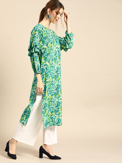 Women Green Calf Length Long Sleeves Straight Floral Printed Cotton Kurta | LASVINI - Redefining Indian Fashion with Elegance