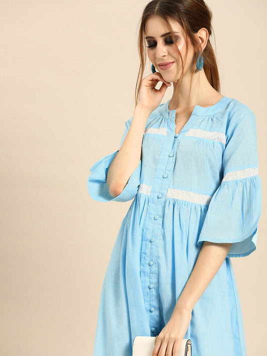 Women Blue & White Solid Kurta With Schiffli Trousers | LASVINI - Redefining Indian Fashion with Elegance