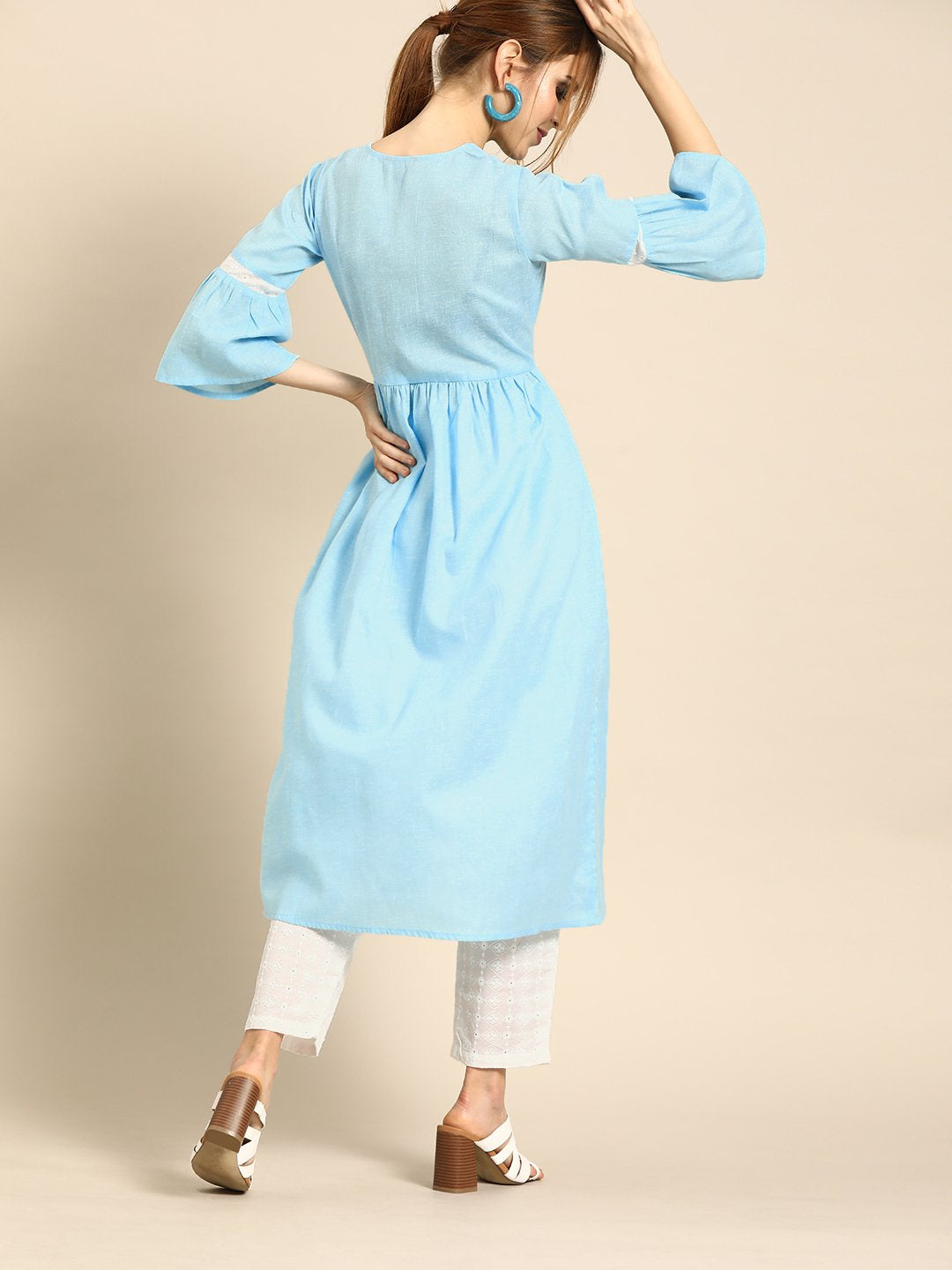 Women Blue & White Solid Kurta With Schiffli Trousers | LASVINI - Redefining Indian Fashion with Elegance