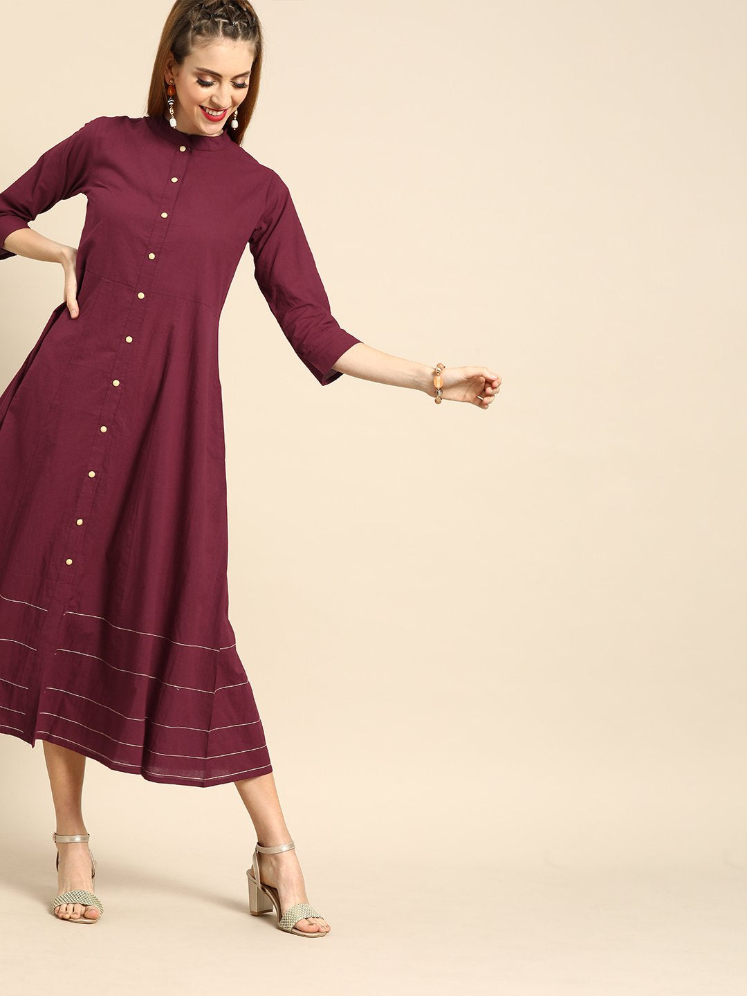 Women Burgundy Solid Solid Mandarin Collar Fit And Flare Dress | LASVINI - Redefining Indian Fashion with Elegance