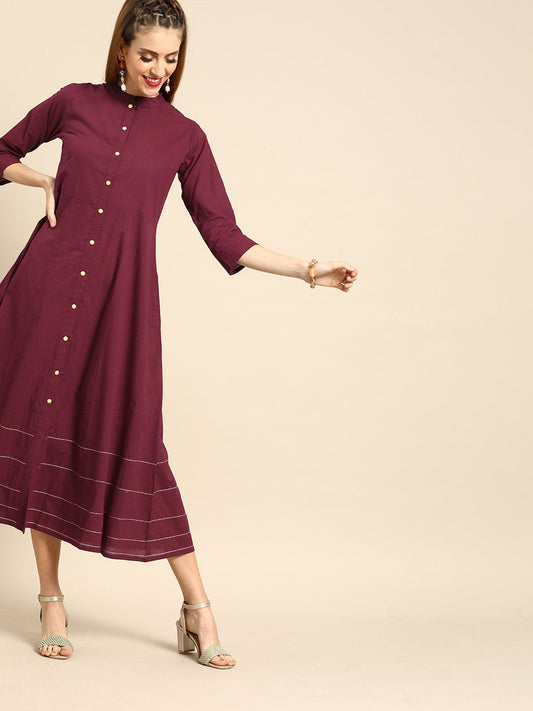 Women Burgundy Solid Solid Mandarin Collar Fit And Flare Dress | LASVINI - Redefining Indian Fashion with Elegance