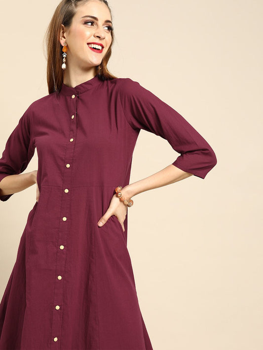 Women Burgundy Solid Solid Mandarin Collar Fit And Flare Dress | LASVINI - Redefining Indian Fashion with Elegance